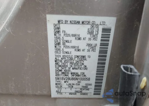 2006 Nissan Quest 3.5 S from USA, damaged, VIN 5N1BV28U86N100058